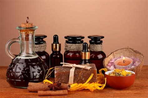 Premium Photo | Ingredients for soap making on brown background