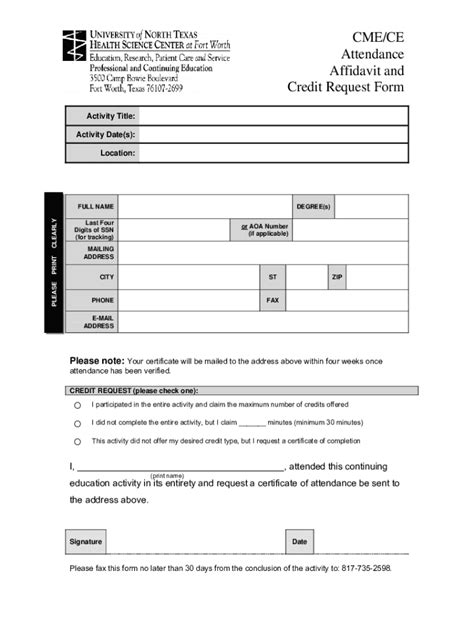 Fillable Online Cme Ce Attendance Affidavit And Credit Request Form Fax