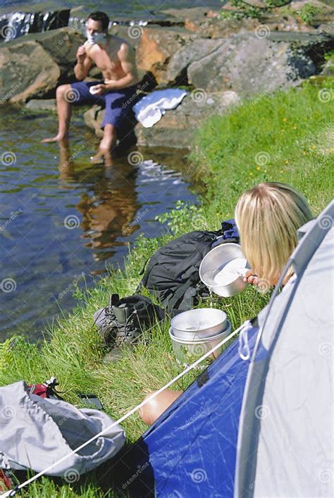 Couple Camping In The Great Outdoors Stock Image Image Of Bathing