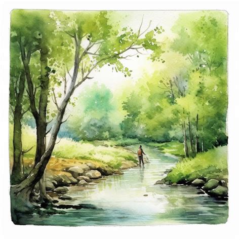 Premium Ai Image Painting Of A Man Standing In A Stream In A Forest