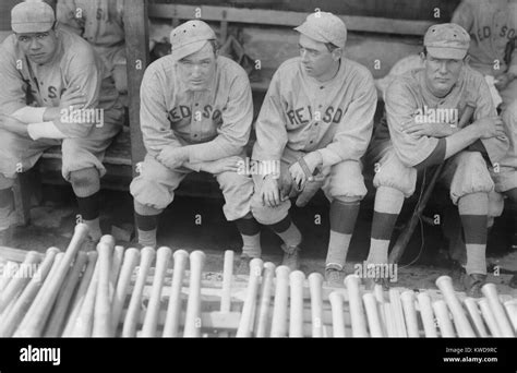 Boston Red Sox Players Sitting In Their Dugout L R Babe Ruth