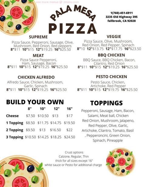 Online Menu of Pala Mesa Pizza Restaurant, Fallbrook, California, 92028 - Zmenu