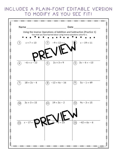 Introduction To Algebraic Equations Editable Student Practice Pages