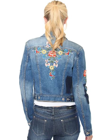 Grace In La Womens Indigo Floral Embroidered Jean Jacket Indigo