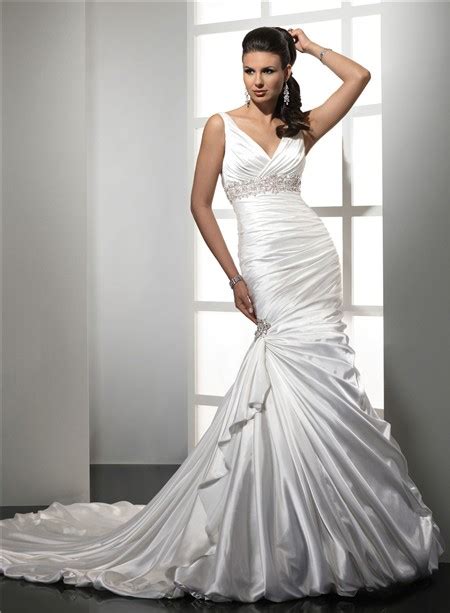 Trumpet Mermaid Empire V Neck Satin Wedding Dress With Straps Beading