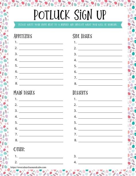 7 Free Easter Potluck Sign Up Sheets Pdf Printable