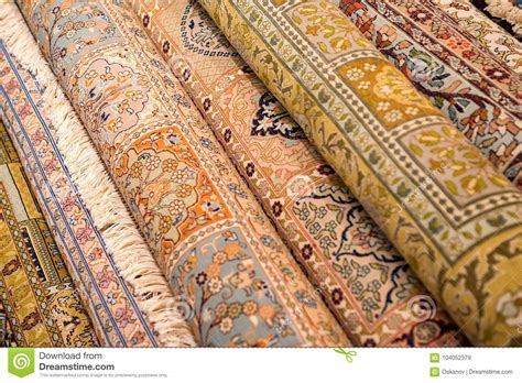 Colorful Rolled Carpets In Oriental Marketplace Stock Image Image Of