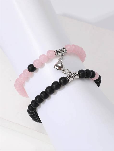 2pcs Natural Energy Stone Beaded Bracelets Heart Shaped Bangles