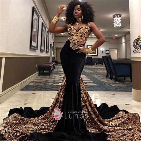 Unique Gold Sequin Black Mermaid Long Train Prom Dress Lunss