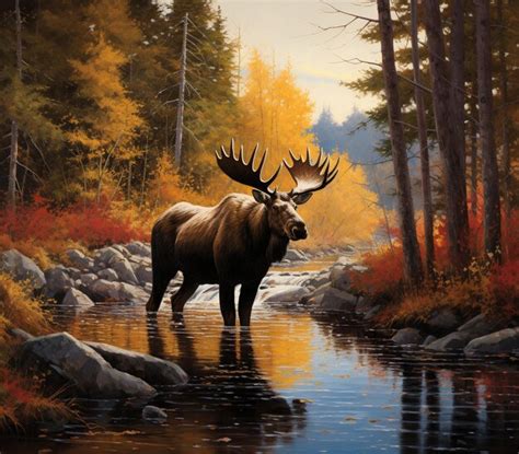 Premium Ai Image Painting Of A Moose Standing In A Stream In A Forest