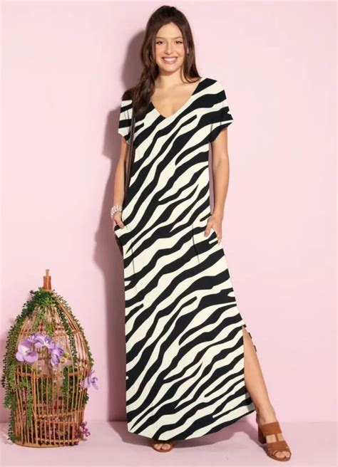 Vestido Longo Soltinho Fenda Zebra Quintess