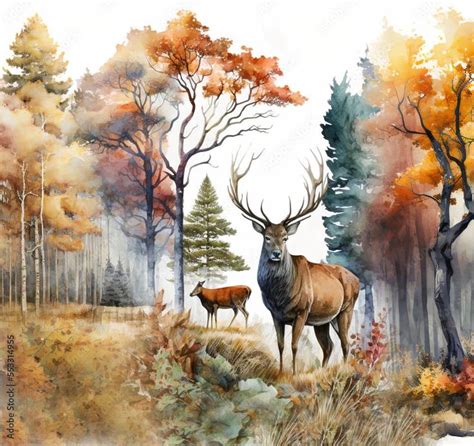 A Painting Of Two Deer In The Woods