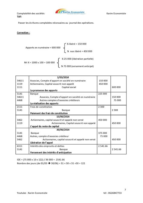 S Rie Des Exercices De Comptabilit Des Soci Tes Avec Correction