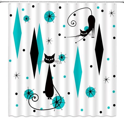 Mid Century Shower Curtain Cat Starbursts Atomic Stars Modern Abstract