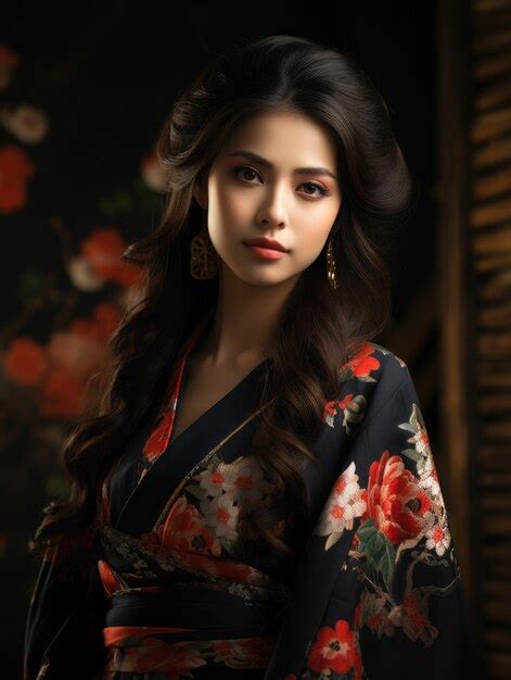 Premium Ai Image Beautiful Japanese Woman Long Black Hair Wearing Kimono