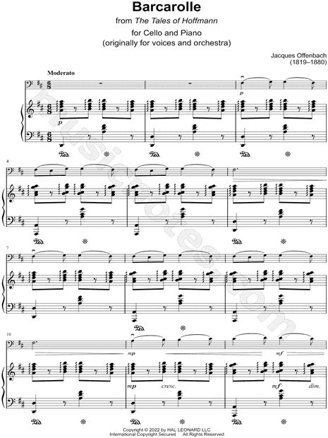 Jacques Offenbach Barcarolle Cello And Piano Sheet Music In D Major