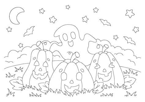 Premium Vector Cheerful Friends Halloween Pumpkins And Ghost Coloring