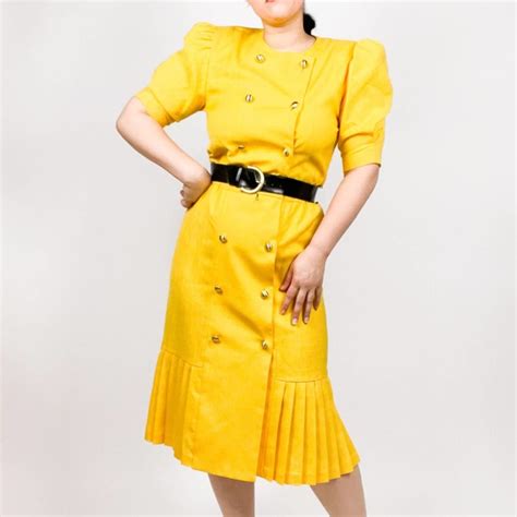 Vintage Dresses Vintage 98s Twee Preppy Yellow Midi Dress Buttonup