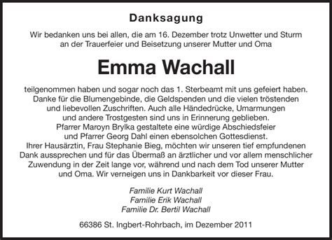 Traueranzeigen Von Emma Wachall Saarbruecker Zeitung Trauer De