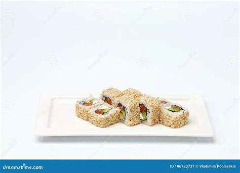 Pieces Of Sushi On White Ceramic Plate Stock Image Image Of Diet