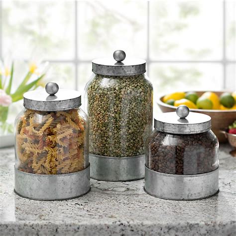 Galvanized Metal And Glass Canisters Set Of 3 Kirklands Farmhouse