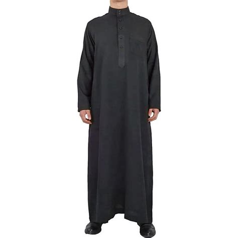 Qyuu Mens Saudi Arabic Thobe Jubba Dishdasha Long Sleeve Robe Ramadan