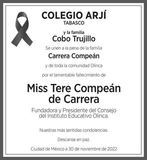 Señorita Maria Teresa Compean de Carrera Miss Tere Obituario Esquela