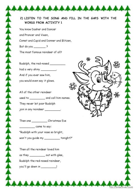 Rudolf The Red Nosed Reindeer Lyrics English Esl Worksheets Pdf Doc