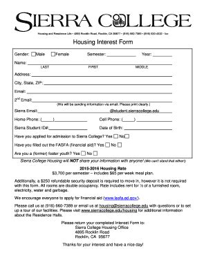 Fillable Online Sierracollege Housing Interest Form Fax Email Print