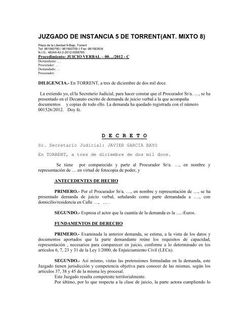 auto admite demanda juicio verbal Centro de Mediación del ICAV