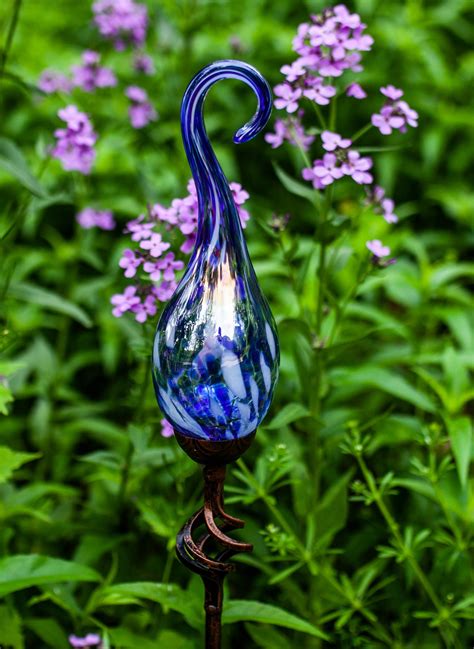 Exhart Solar Hand Blown Pearlized Blue Glass Spiral Flame Garden Stake