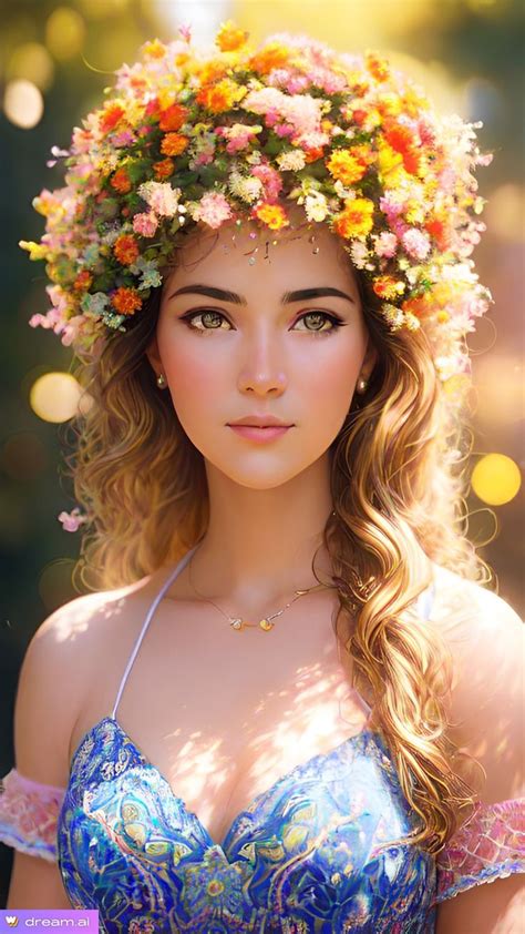 A Woman With Flowers In Her Hair Wearing A Blue Dress And Flower Wreath