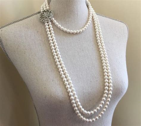 Long Pearl Flapper Necklace And Earrings Set 3 Multi Strands Swarovski