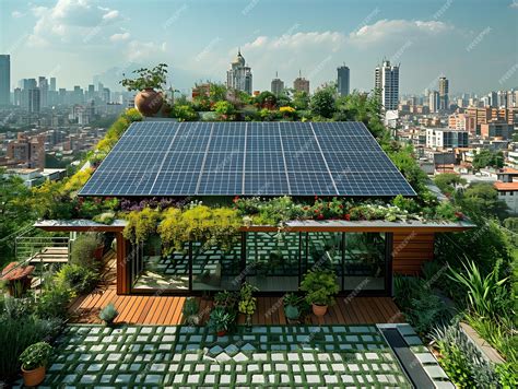 Premium Photo Urban Rooftop Garden With Integrated Solar Panels