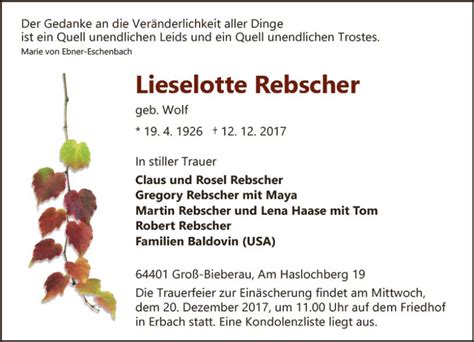 Traueranzeigen Von Lieselotte Rebscher Vrm Trauer De