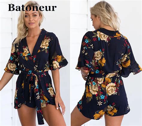 Boho Red Floral Print Ruffles Playsuits Women Elegant Autumn White V