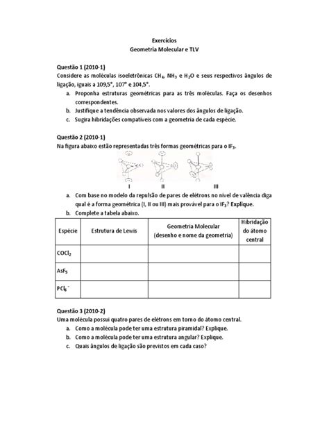 PDF Exercícios Geometria Molecular e TLV RESOLVIDOS DOKUMEN TIPS