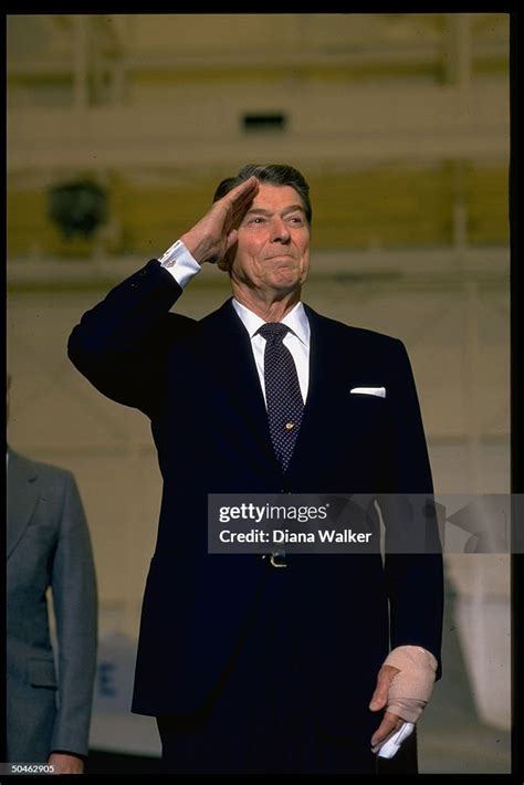 Us Pres Ronald Reagan Saluting Bidding Farewell To Troops Upon His