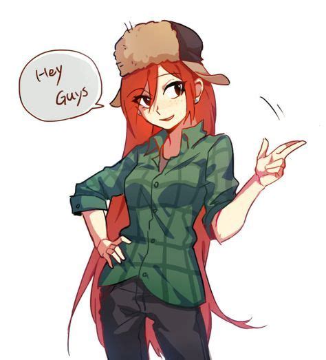 An Anime Character With Red Hair Wearing A Hat And Holding Her Hand Out