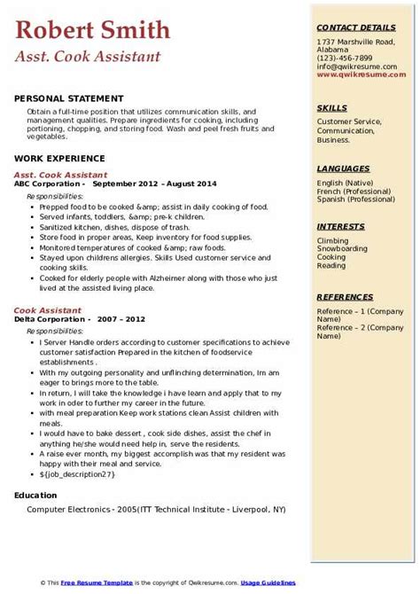 Cook Assistant Resume Samples Qwikresume