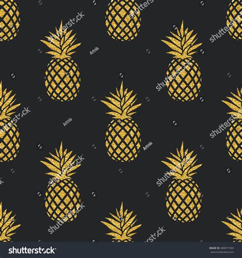 Seamless Summer Gold Pineapple On Black Stock Vector Royalty Free