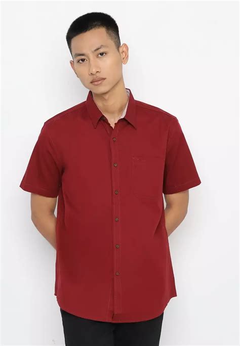 Jual Police Denim Police Kemeja Polos Cotton Twill Maroon Regular Fit