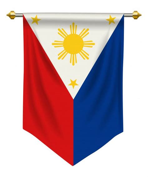 The Flag Of Philippines Hanging On A Pole With Gold Stars And A Sun In