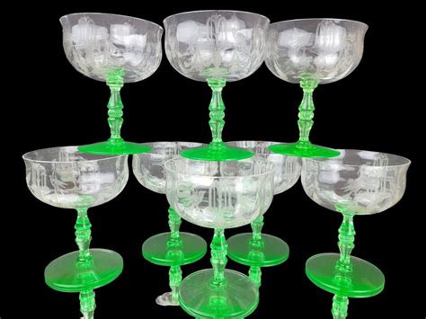 Art Deco Uranium Glass Champagne Coupes Tiffin Fontaine Set Of Optic