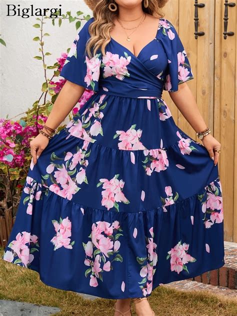 Plus Size Summer Flower Floral Print Long Dress Women V Neck Backless