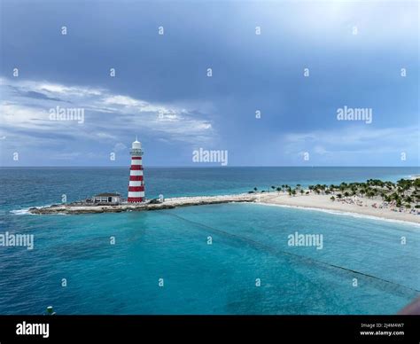 Ocean Cay, Bahamas - October 11, 2021: An aerial view of the lighthouse and beach of MSC Cruise ...