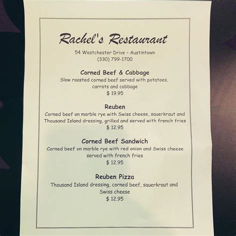 Menu at Rachel's Restaurant & Catering, Austintown