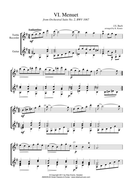 Menuet Suite Bwv For Treble Recorder And Guitar Arr K Krantz