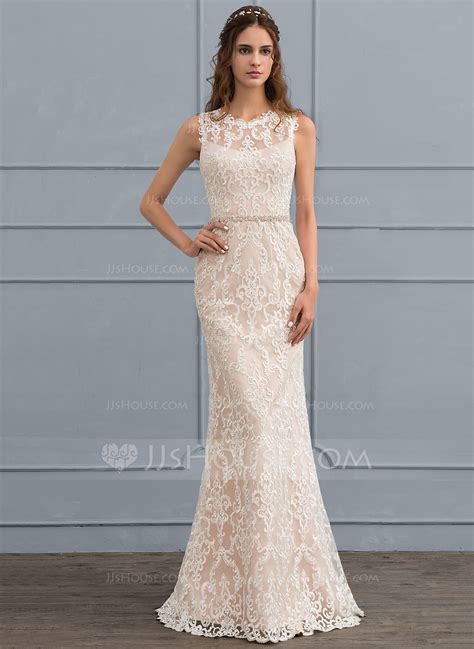 Sheath Column Scoop Neck Floor Length Lace Wedding Dress With Beading