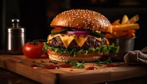 Premium AI Image Grilled Gourmet Beef Burger With Cheddar Cheese